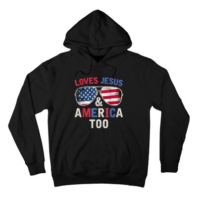 Loves Jesus and America Too Retro God Christian 4th of July Hoodie