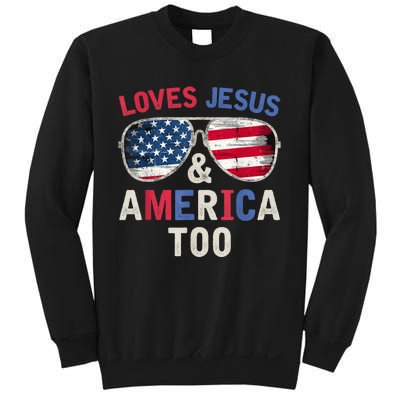 Loves Jesus and America Too Retro God Christian 4th of July Sweatshirt