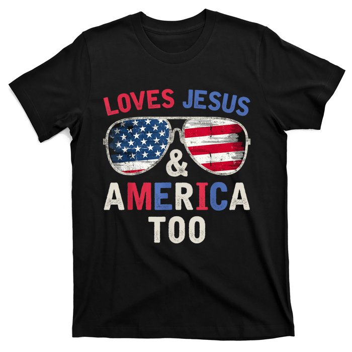 Loves Jesus and America Too Retro God Christian 4th of July T-Shirt