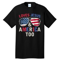 Loves Jesus and America Too Retro God Christian 4th of July Tall T-Shirt