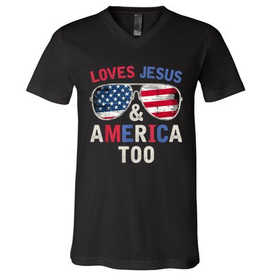 Loves Jesus and America Too Retro God Christian 4th of July V-Neck T-Shirt