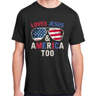 Loves Jesus and America Too Retro God Christian 4th of July Adult ChromaSoft Performance T-Shirt