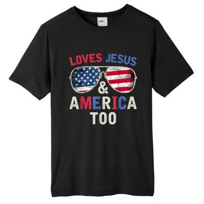 Loves Jesus and America Too Retro God Christian 4th of July Tall Fusion ChromaSoft Performance T-Shirt