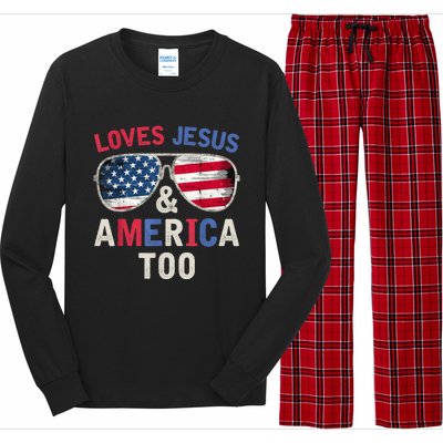 Loves Jesus and America Too Retro God Christian 4th of July Long Sleeve Pajama Set