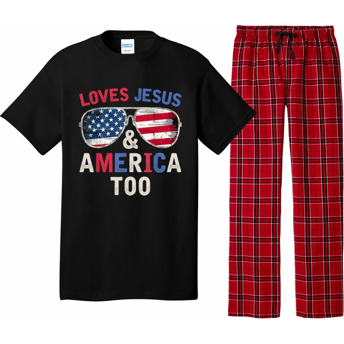 Loves Jesus and America Too Retro God Christian 4th of July Pajama Set