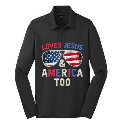 Loves Jesus and America Too Retro God Christian 4th of July Silk Touch Performance Long Sleeve Polo