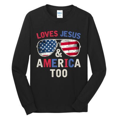 Loves Jesus and America Too Retro God Christian 4th of July Tall Long Sleeve T-Shirt