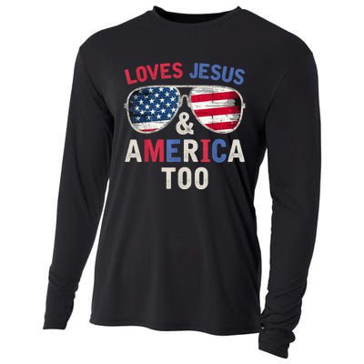 Loves Jesus and America Too Retro God Christian 4th of July Cooling Performance Long Sleeve Crew