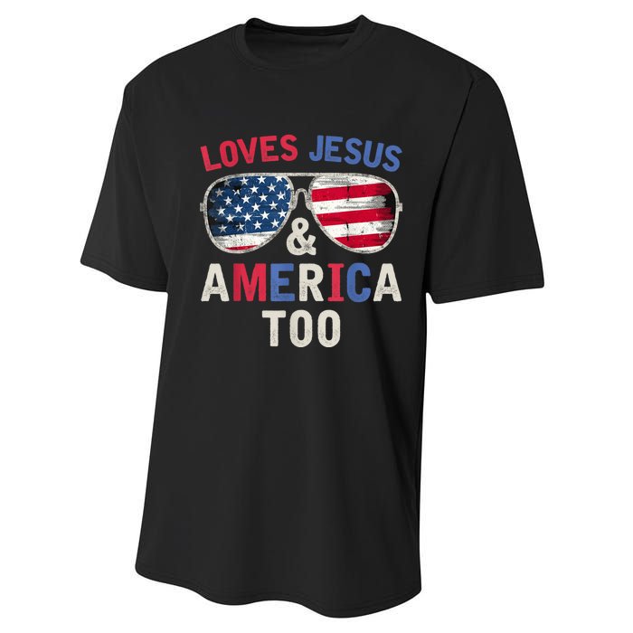 Loves Jesus and America Too Retro God Christian 4th of July Performance Sprint T-Shirt