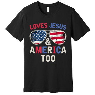 Loves Jesus and America Too Retro God Christian 4th of July Premium T-Shirt