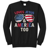 Loves Jesus and America Too Retro God Christian 4th of July Tall Sweatshirt