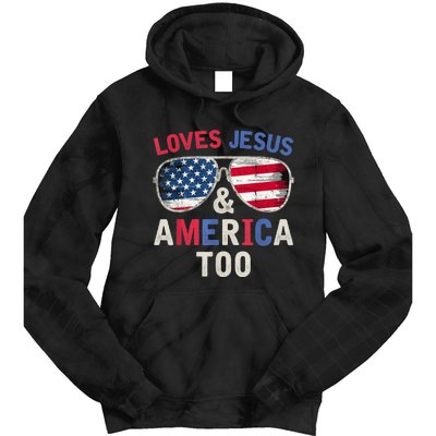 Loves Jesus and America Too Retro God Christian 4th of July Tie Dye Hoodie