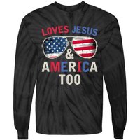 Loves Jesus and America Too Retro God Christian 4th of July Tie-Dye Long Sleeve Shirt