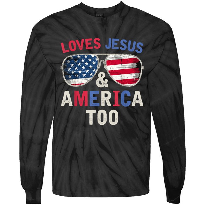 Loves Jesus and America Too Retro God Christian 4th of July Tie-Dye Long Sleeve Shirt