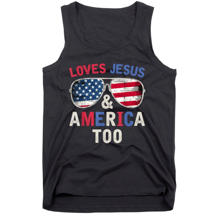 Loves Jesus and America Too Retro God Christian 4th of July Tank Top