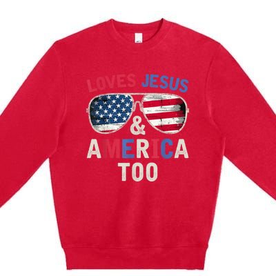 Loves Jesus and America Too Retro God Christian 4th of July Premium Crewneck Sweatshirt