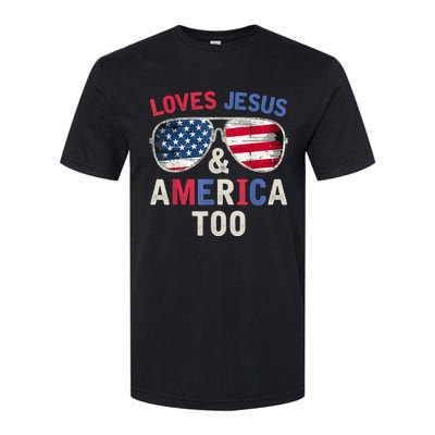 Loves Jesus and America Too Retro God Christian 4th of July Softstyle® CVC T-Shirt