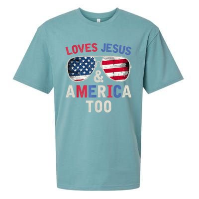 Loves Jesus and America Too Retro God Christian 4th of July Sueded Cloud Jersey T-Shirt