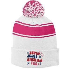 Loves Jesus And America Too Stripe Pom Pom Beanie