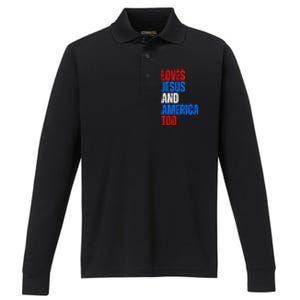 Loves Jesus And America Too 4th Of July Performance Long Sleeve Polo