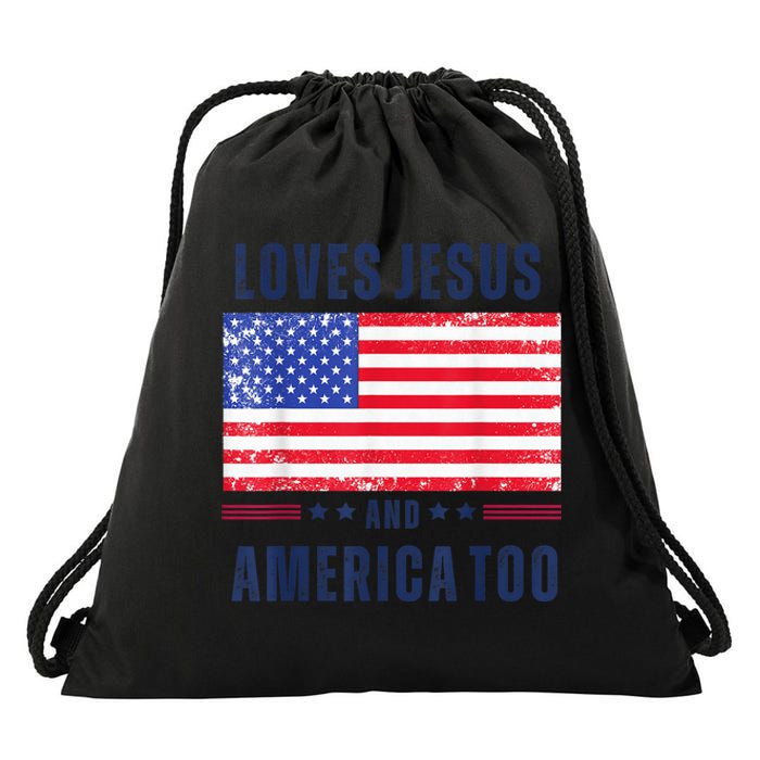 Loves Jesus and America Too Drawstring Bag