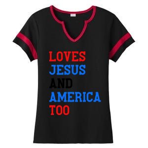 Loves Jesus And America Too 4th Of July Ladies Halftime Notch Neck Tee