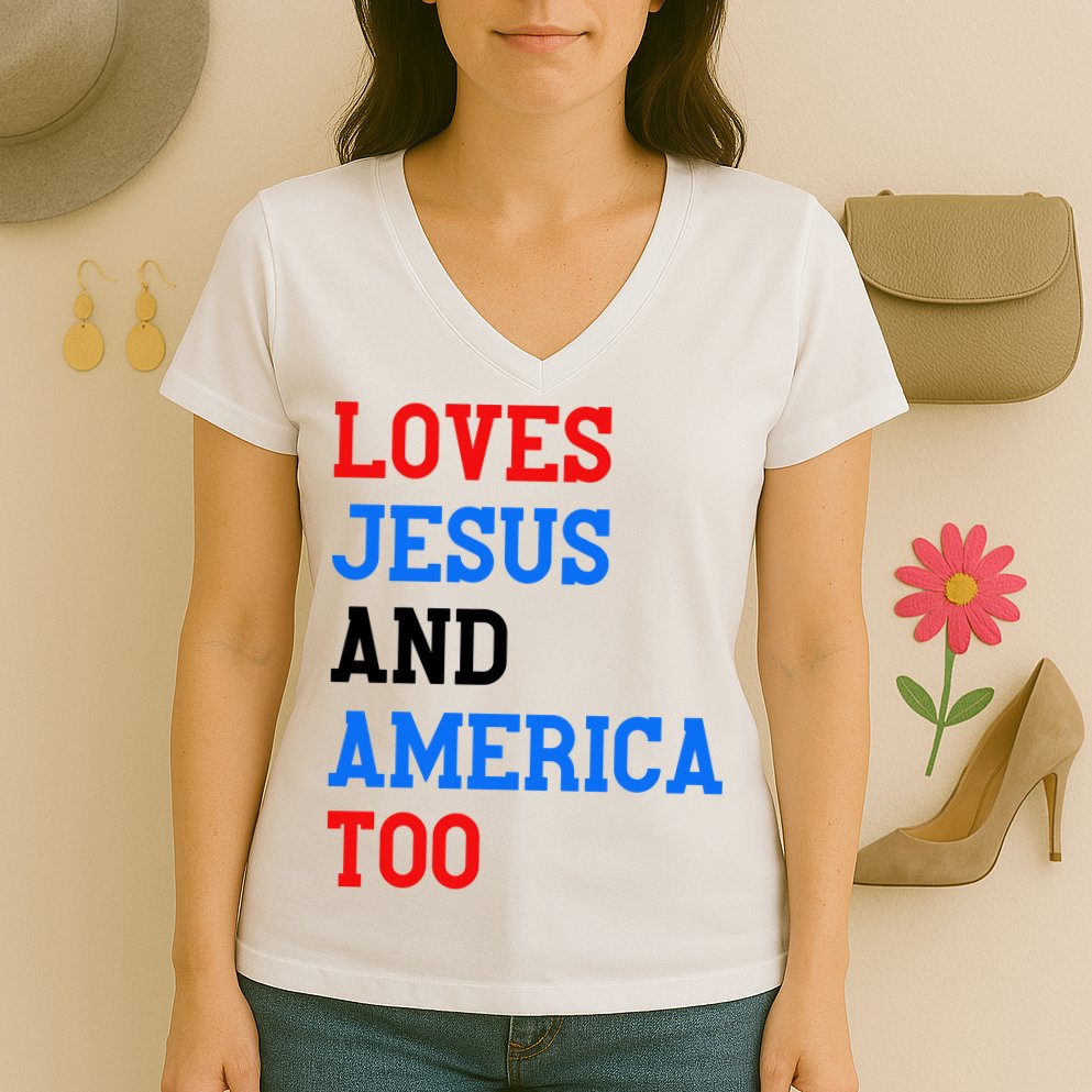Loves Jesus And America Too 4th Of July Women's V-Neck T-Shirt