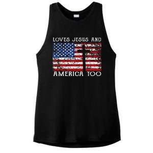 Loves Jesus And America Too Usa Patriotic Ladies PosiCharge Tri-Blend Wicking Tank