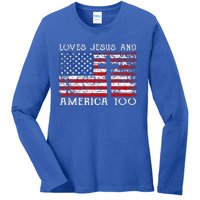 Loves Jesus And America Too Usa Patriotic Ladies Long Sleeve Shirt