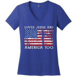 Loves Jesus And America Too Usa Patriotic Women's V-Neck T-Shirt