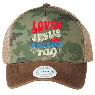 Loves Jesus and America Too God Christian 4th of July Retro Legacy Tie Dye Trucker Hat