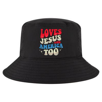 Loves Jesus and America Too God Christian 4th of July Retro Cool Comfort Performance Bucket Hat