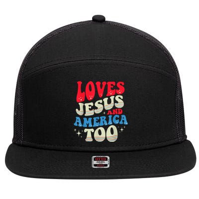 Loves Jesus and America Too God Christian 4th of July Retro 7 Panel Mesh Trucker Snapback Hat