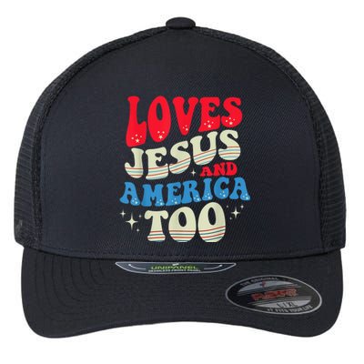 Loves Jesus and America Too God Christian 4th of July Retro Flexfit Unipanel Trucker Cap