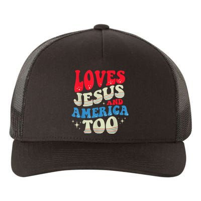 Loves Jesus and America Too God Christian 4th of July Retro Yupoong Adult 5-Panel Trucker Hat