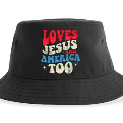 Loves Jesus and America Too God Christian 4th of July Retro Sustainable Bucket Hat