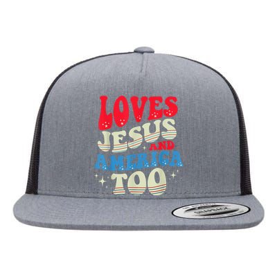 Loves Jesus and America Too God Christian 4th of July Retro Flat Bill Trucker Hat