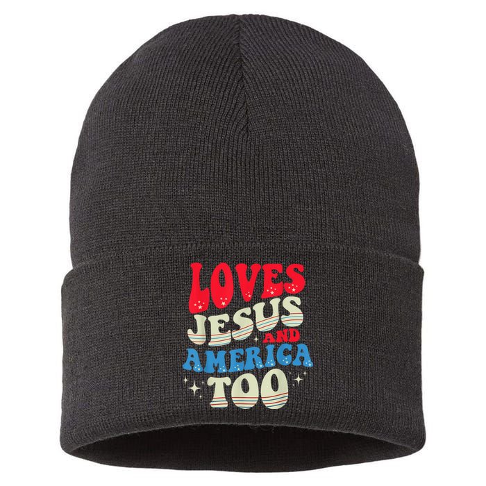 Loves Jesus and America Too God Christian 4th of July Retro Sustainable Knit Beanie