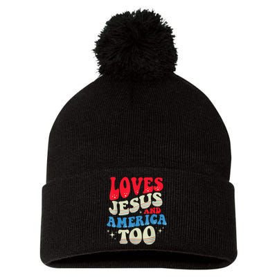 Loves Jesus and America Too God Christian 4th of July Retro Pom Pom 12in Knit Beanie