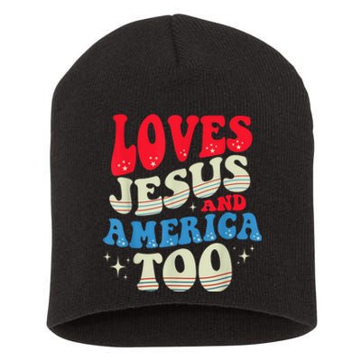 Loves Jesus and America Too God Christian 4th of July Retro Short Acrylic Beanie