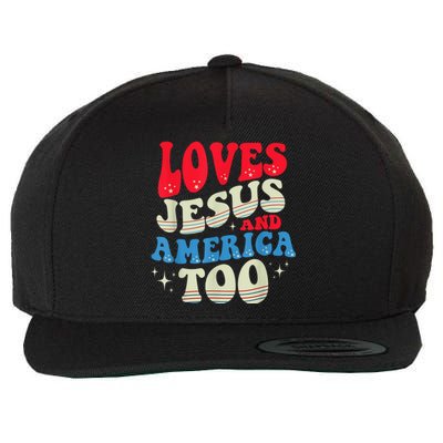 Loves Jesus and America Too God Christian 4th of July Retro Wool Snapback Cap