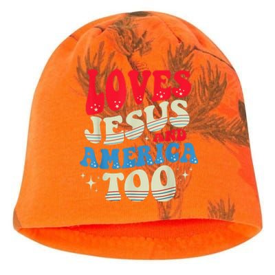 Loves Jesus and America Too God Christian 4th of July Retro Kati - Camo Knit Beanie