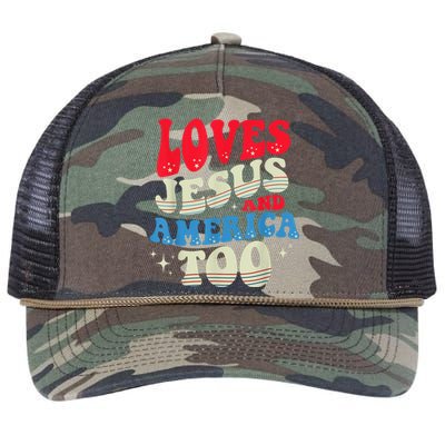 Loves Jesus and America Too God Christian 4th of July Retro Retro Rope Trucker Hat Cap