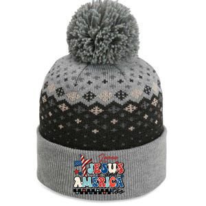 Loves Jesus And America Too God Christian Groovy 4th Of July The Baniff Cuffed Pom Beanie