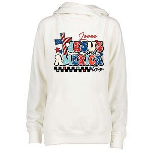 Loves Jesus And America Too God Christian Groovy 4th Of July Womens Funnel Neck Pullover Hood