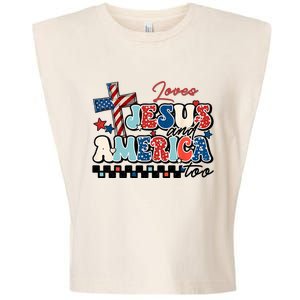 Loves Jesus And America Too God Christian Groovy 4th Of July Garment-Dyed Women's Muscle Tee