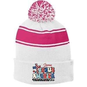 Loves Jesus And America Too God Christian Groovy 4th Of July Stripe Pom Pom Beanie