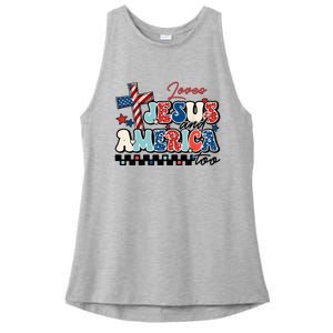 Loves Jesus And America Too God Christian Groovy 4th Of July Ladies PosiCharge Tri-Blend Wicking Tank