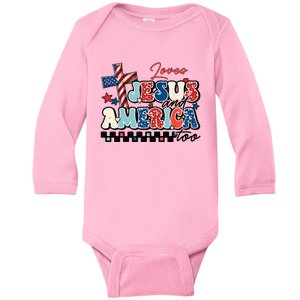 Loves Jesus And America Too God Christian Groovy 4th Of July Baby Long Sleeve Bodysuit