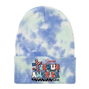 Loves Jesus And America Too God Christian Groovy 4th Of July Tie Dye 12in Knit Beanie